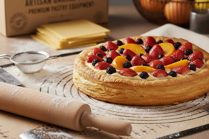 Εργαλεία ζαχαροπλαστικής για ζύμη: πλάστης, πινέλο, και μπολ σε ξύλινη επιφάνεια με αλεύρι. Οδηγός σωστού χειρισμού ζυμών. - CookPro