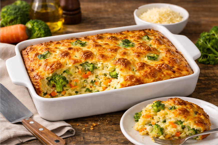 Σουφλέ λαχανικών σε ορθογώνιο πυρίμαχο σκεύος φούρνου.