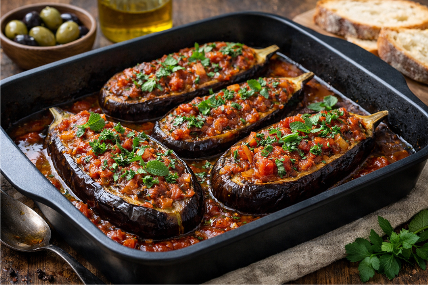 Αγιορείτικες μελιτζάνες στον φούρνο γεμιστές με σάλτσα ντομάτας, κρεμμύδι και μυρωδικά,