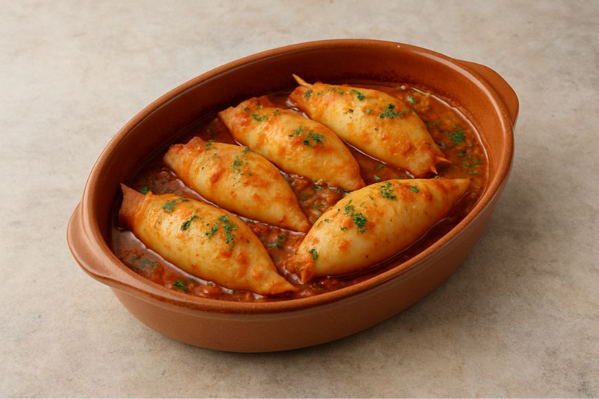 Καλαμάρια γεμιστά στον φούρνο σε κεραμικό ταψί