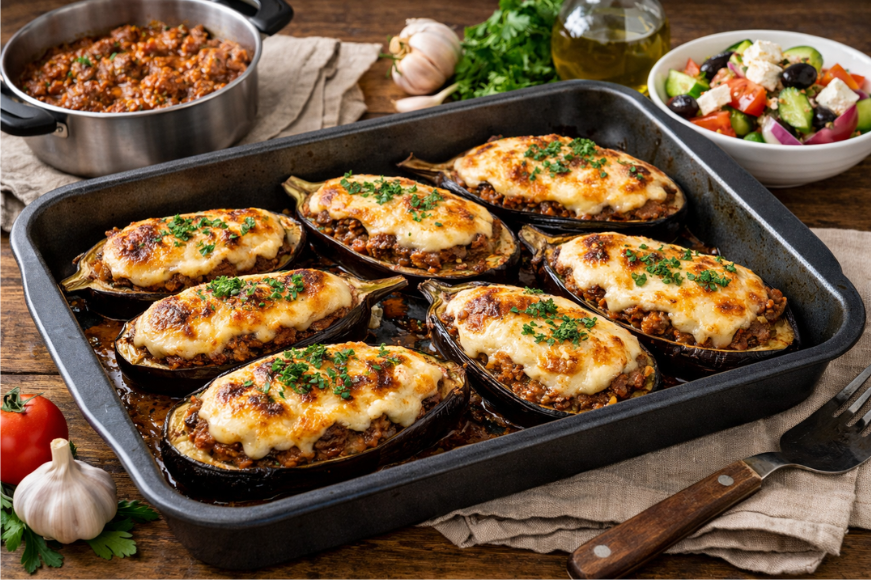 Μελιτζάνες παπουτσάκια με κιμά και μπεσαμέλ στον φούρνο.