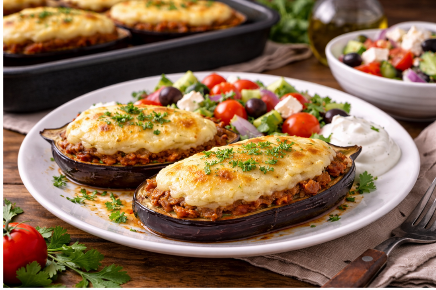 Μελιτζάνες παπουτσάκια με κιμά και πουρέ πατάτας στον φούρνο.