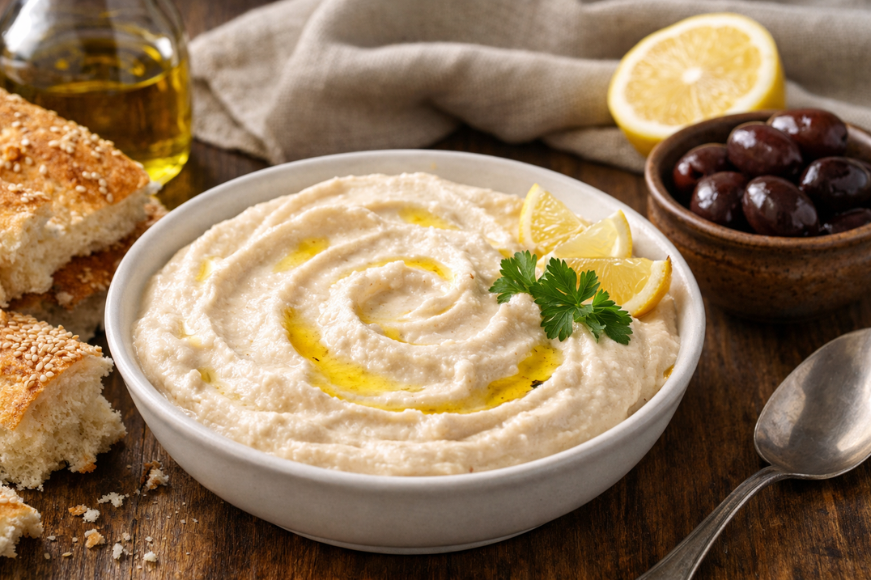 Ταραμοσαλάτα σε μπολ με ελαιόλαδο και λεμόνι