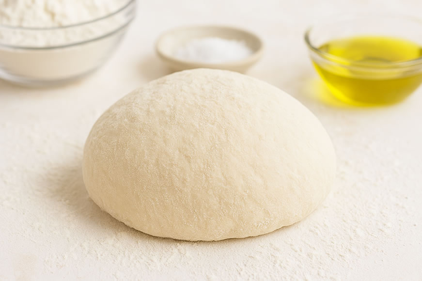 Αφράτο ζυμάρι πίτσας πάνω σε αλευρωμένη επιφάνεια με ελαιόλαδο και αλεύρι στο φόντο