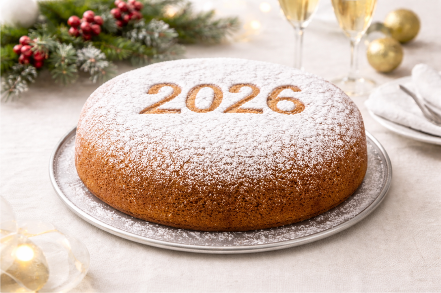 Αφράτη βασιλόπιτα τύπου cake με ζάχαρη άχνη, κομμένη σε φέτες και σερβιρισμένη σε φόρμα κέικ.