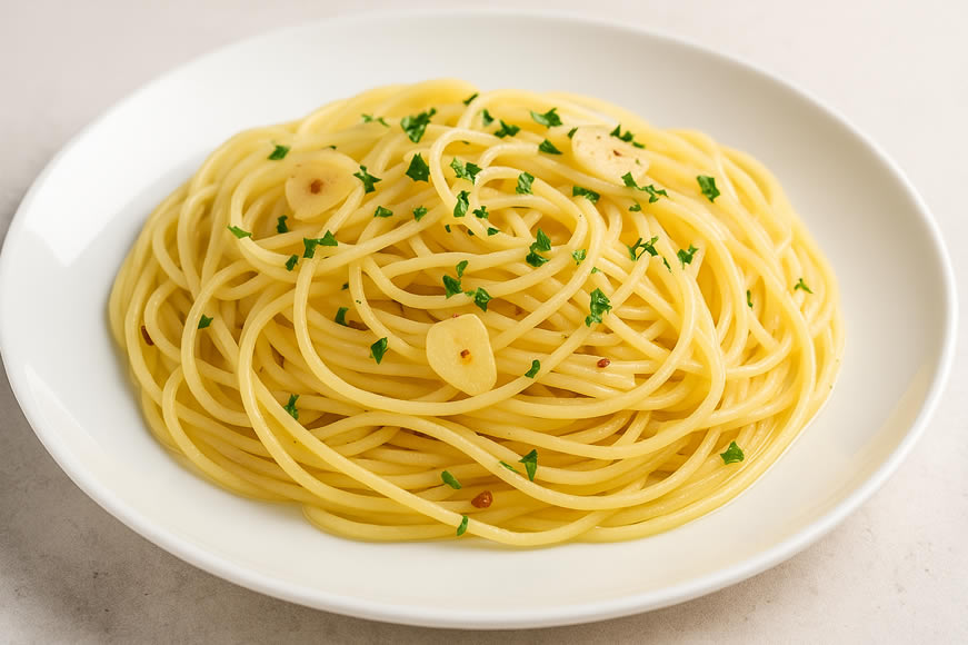 Σπαγγέτι αλ’ όλιο με σκόρδο, ελαιόλαδο και μαϊντανό σε λευκό πιάτο