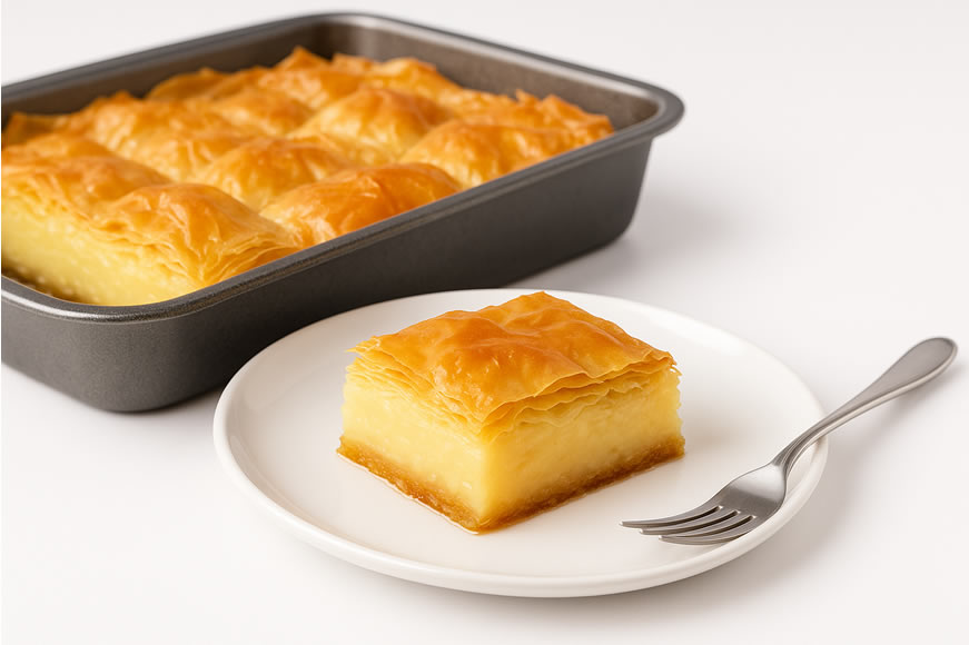 Γαλακτομπούρεκο με χρυσαφένιο φύλλο και βελούδινη κρέμα, σερβιρισμένο σε πιάτο με φόντο το ταψί – παραδοσιακή ελληνική συνταγή