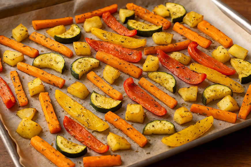 Ψητά λαχανικά στο φούρνο με καρότα, πιπεριές, πατάτες και κολοκύθι σε ταψί