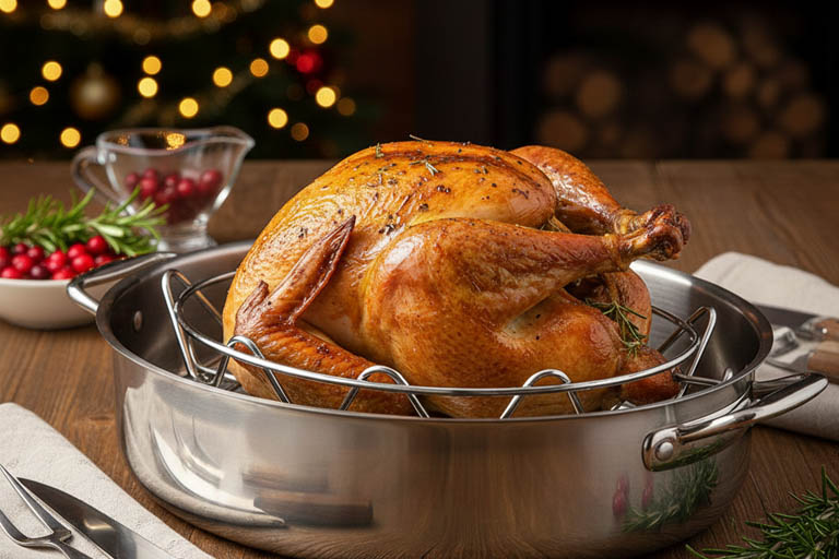 Γαλοπούλα ψημένη σε σχάρα με θερμόμετρο κρέατος. Οδηγός ψησίματος και ελέγχου θερμοκρασίας για ζουμερή γιορτινή γαλοπούλα.