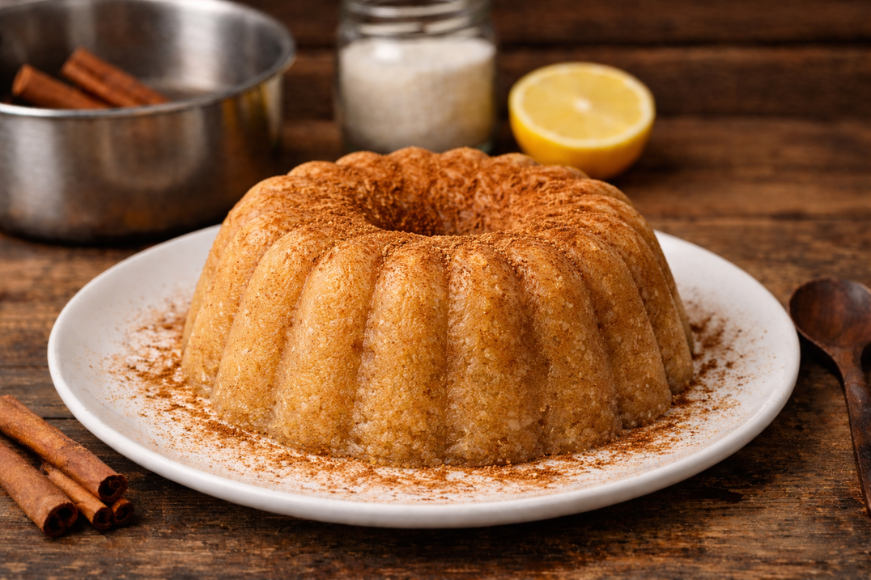 Χαλβάς σιμιγδαλένιος σε ραβδωτή φόρμα κέικ.