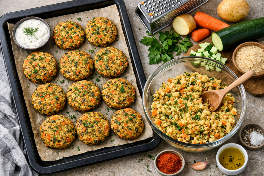 Μπιφτέκια λαχανικών φούρνου σε ταψί