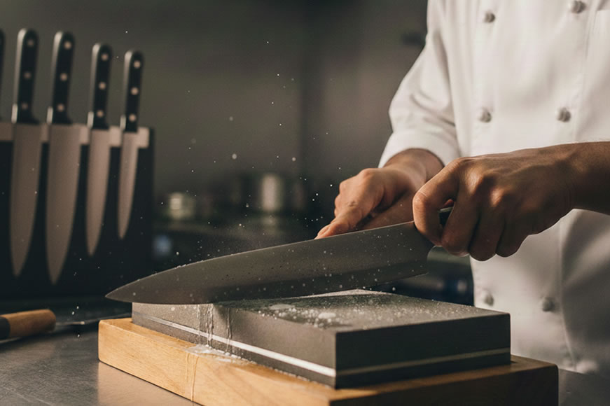 Επαγγελματίας σεφ ακονίζει μαχαίρι κουζίνας πάνω σε πέτρα ακονίσματος σε επαγγελματική κουζίνα - Cookpro How-To