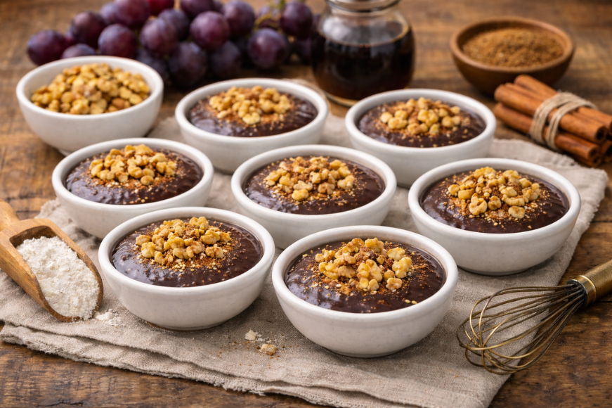 Μουσταλευριά με πετιμέζι, πασπαλισμένη με καρύδια.