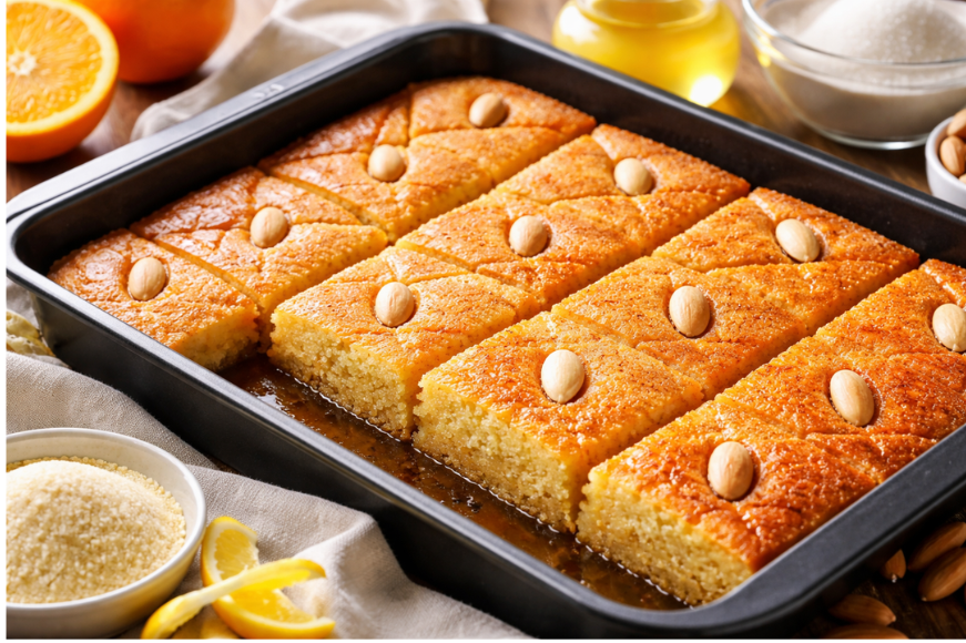 Σάμαλι σιροπιαστό νηστίσιμο με σιμιγδάλι σε ταψί