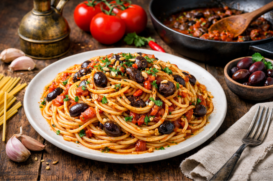 Σπαγγέτι αγιορείτικο με σάλτσα ντομάτας, ελιές Καλαμών και μυρωδικά.