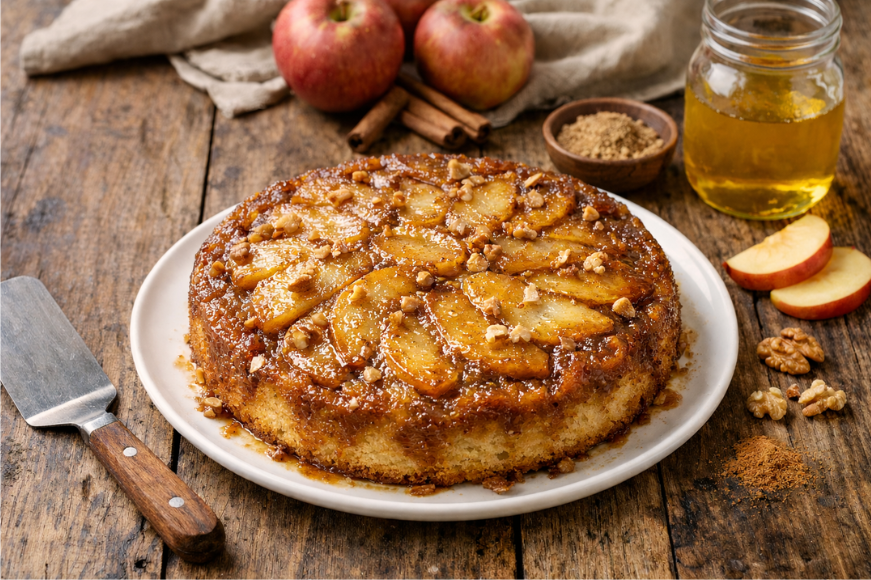 Νηστίσιμη αναποδογυριστή μηλόπιτα με καραμελωμένα μήλα σε πιάτο