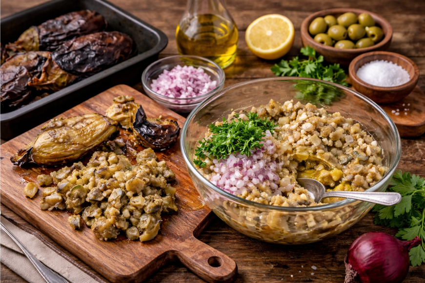 Μελιτζανοσαλάτα με ψημένες μελιτζάνες και φρέσκα μυρωδικά.