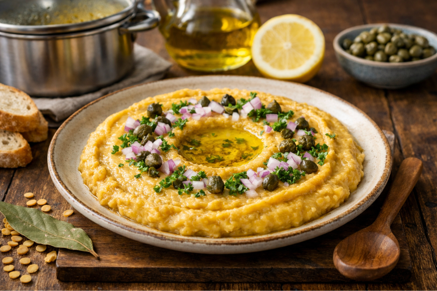 Παραδοσιακή ελληνική φάβα με ελαιόλαδο, κάπαρη και κρεμμύδι