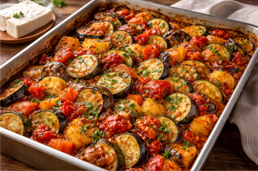 Μπριάμ στο φούρνο με μελωμένα λαχανικά σε ταψί.