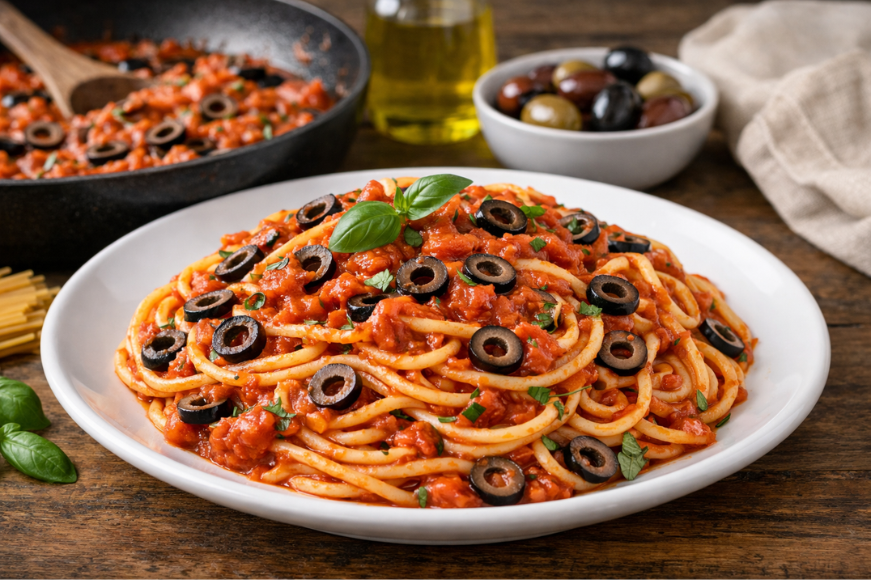 Μακαρόνια με σάλτσα ντομάτας και ελιές