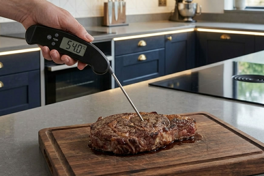 κρέας με θερμόμετρο μέσα για την τέλεια θερμοκρασία