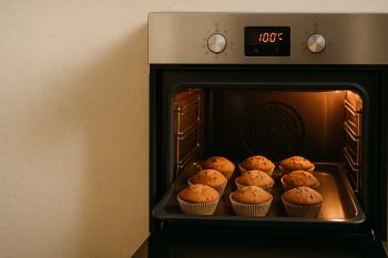 Preheated oven at ideal temperature baking muffins evenly, illustrating baking tips and the importance of preheating.