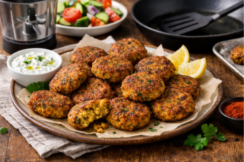 Ρεβυθοκεφτέδες, ψημένοι στον φούρνο ή τηγανισμένοι μέχρι να γίνουν τραγανοί.