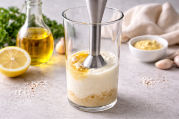 Προετοιμασία μαγιονέζας χωρίς αυγά με ραβδομπλέντερ