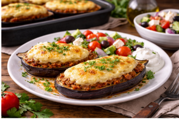 Μελιτζάνες παπουτσάκια με κιμά και πουρέ πατάτας στον φούρνο.