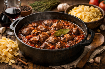 Αγριογούρουνο κοκκινιστό σε μαντεμένια κατσαρόλα.