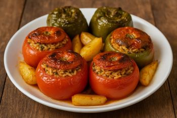 Παραδοσιακά ελληνικά γεμιστά με ντομάτες και πιπεριές γεμισμένες με ρύζι, σερβιρισμένα με πατάτες σε λευκό πιάτο