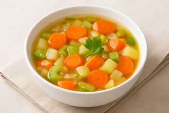 Σούπα λαχανικών με καρότα, πατάτες, κολοκύθι και σέλινο σε λευκό μπολ