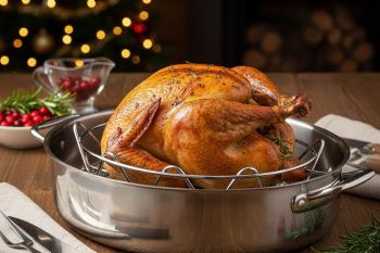 Γαλοπούλα ψημένη σε σχάρα με θερμόμετρο κρέατος. Οδηγός ψησίματος και ελέγχου θερμοκρασίας για ζουμερή γιορτινή γαλοπούλα.