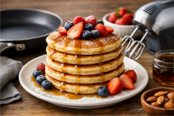 νηστίσιμα πανκέικ με σιρόπι και φρούτα.