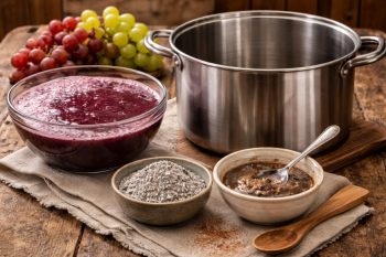 Μούστος, στάχτη και ανοξείδωτη κατσαρόλα για καθαρισμό.